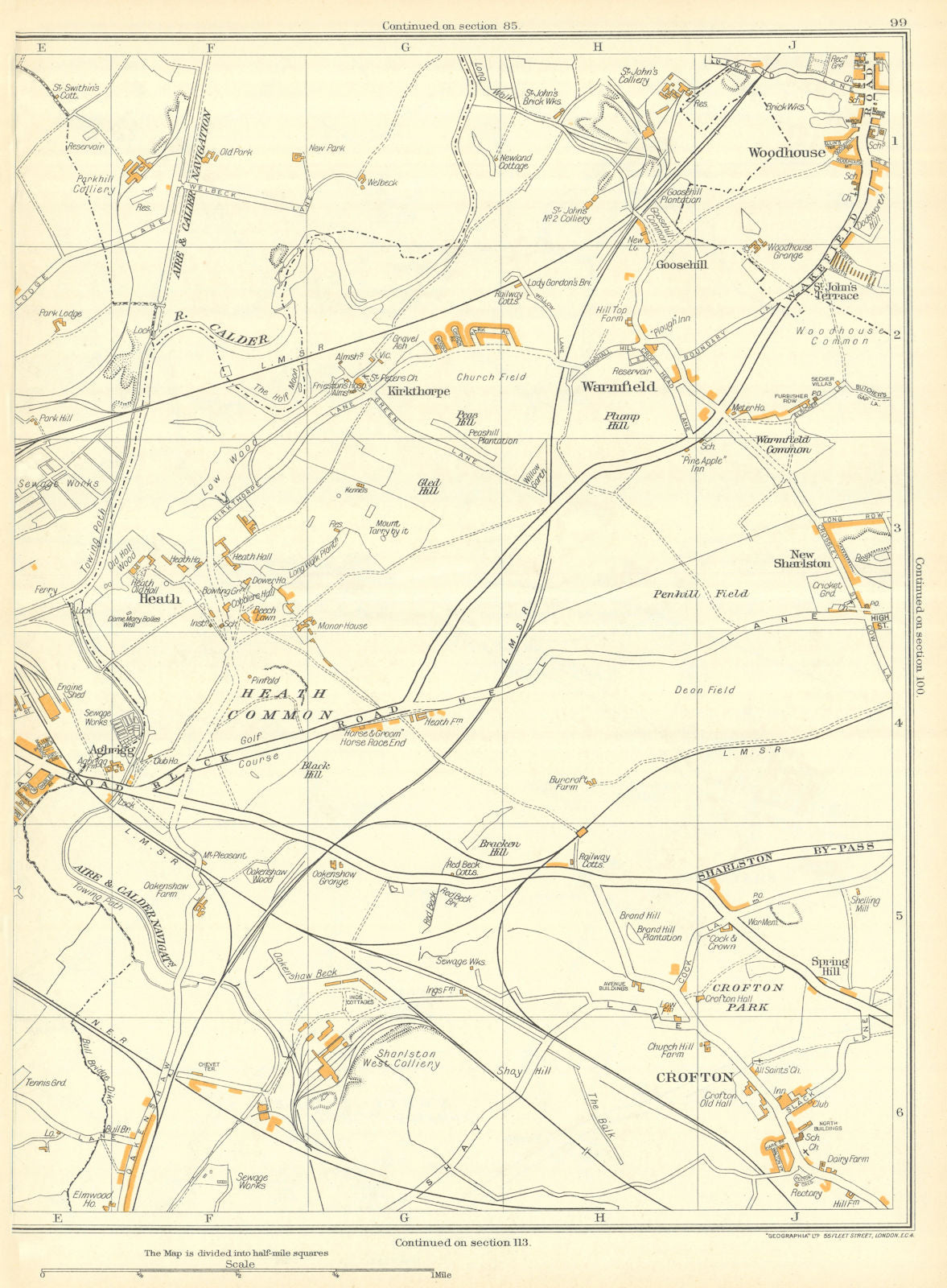 WAKEFIELD Agbrigg Heath Common Crofton Heath Warmfield Woodhouse 1935 old map